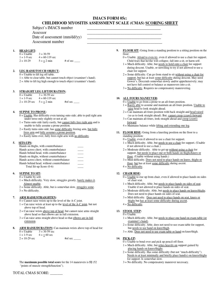 CMAS Scoring Sheet for Myositis Assessment | PDF | Anatomical Terms Of ...