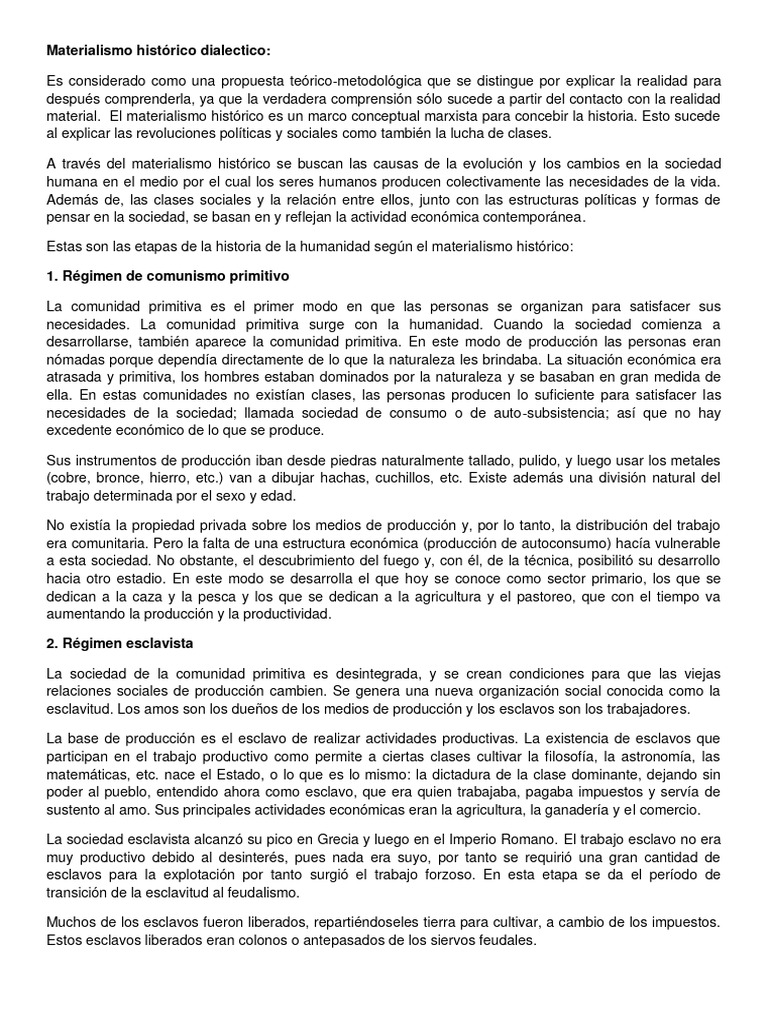 Materialismo Historico Dialectico Informe Pdf Capitalismo Feudalismo
