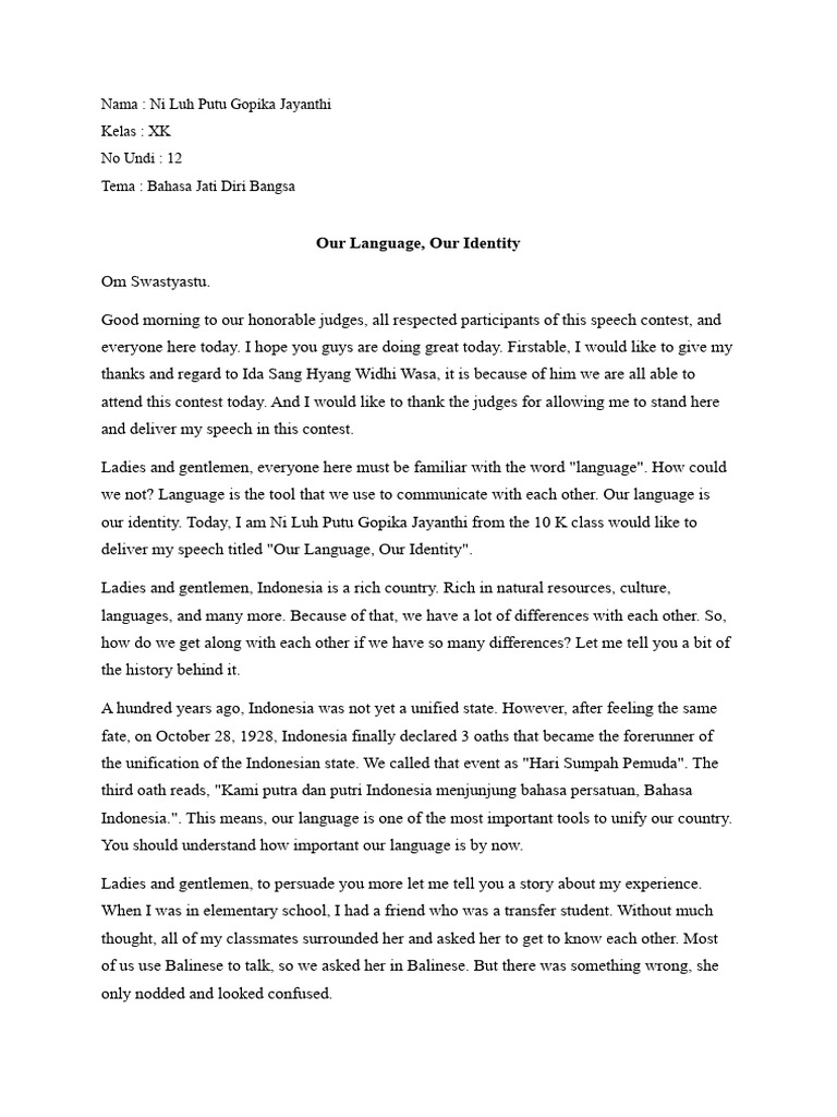 English Speech Contest Pdf Indonesian Language Communication