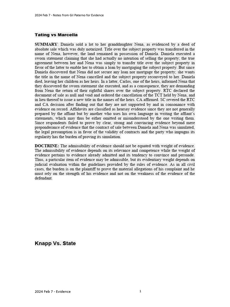 Notes From Gil Paterno For Evidence | PDF | Evidence (Law) | Affidavit