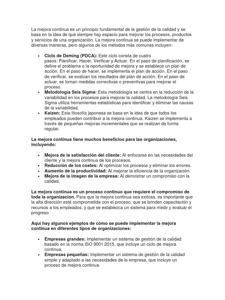 La Mejora Continua Es Un Principio Fundamental De La Gestión De La