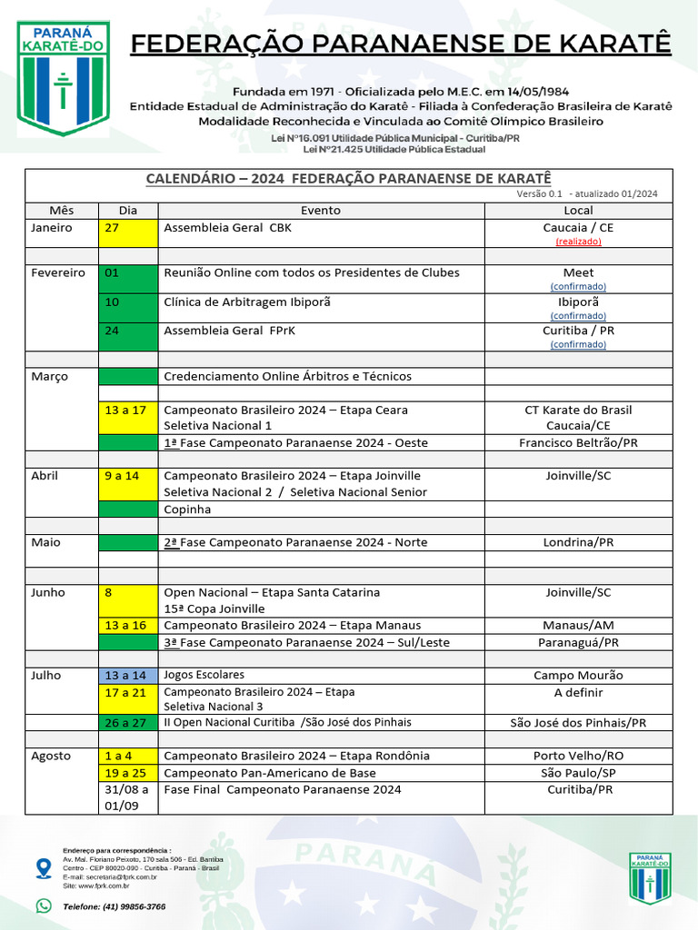 Calendário 2024 FPrK | PDF | Brasil