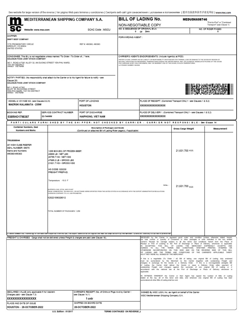 Non-Negotiable Bill of Lading | PDF | Bill Of Lading | Cargo