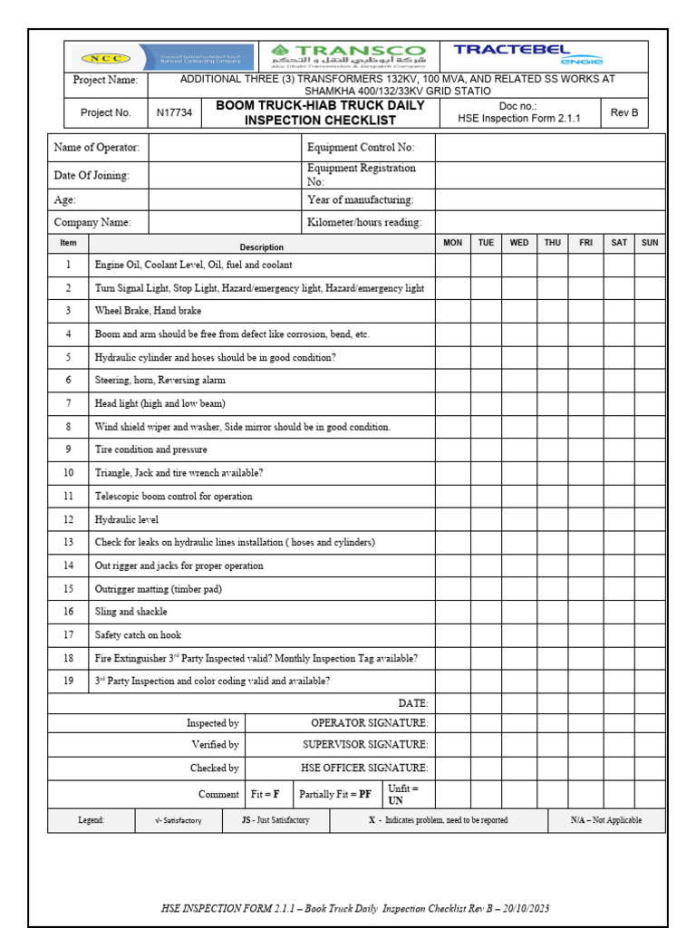 HSE Inspection Form 2.1.1 Boom Truck Daily Inspection Checklist Rev B