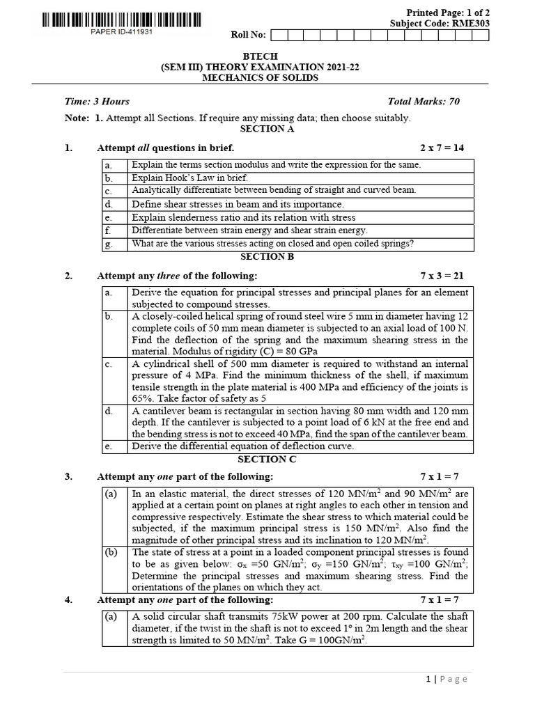 Mechanics of Solids Exam Paper 2021-22 | PDF | Bending | Stress (Mechanics)