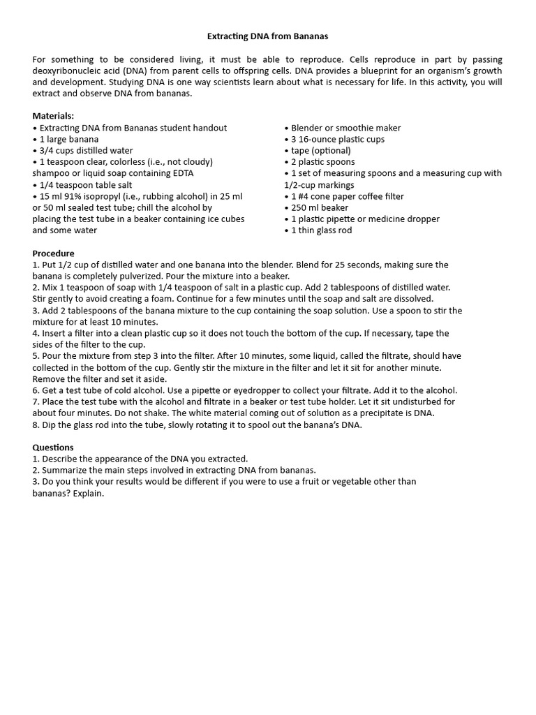 Banana DNA Extraction Guide | PDF | Teaspoon | Filtration