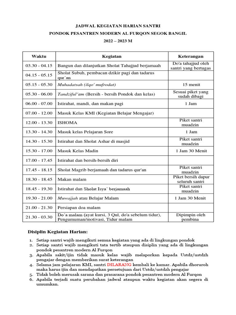 Jadwal Kegiatan Harian Santri Al Furqon Pdf