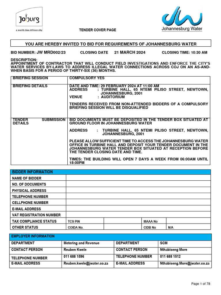 Johannesburg Water Tender JW MRD002/23 | PDF | Guarantee | Procurement