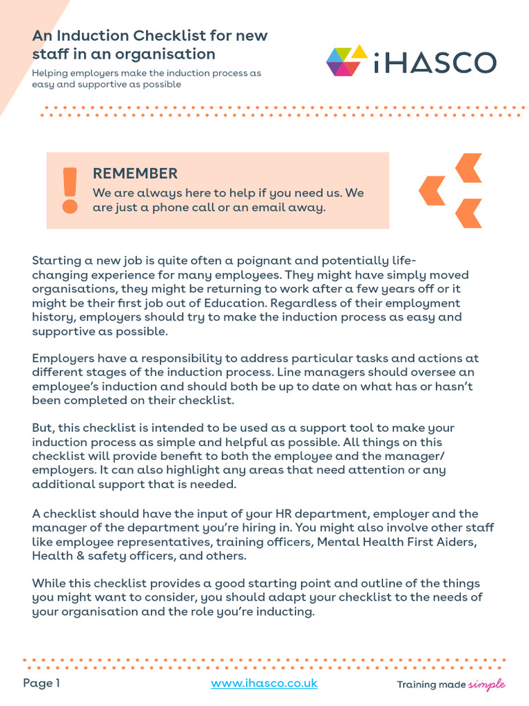 Induction Checklist for New Staff | PDF | Employment | Parental Leave