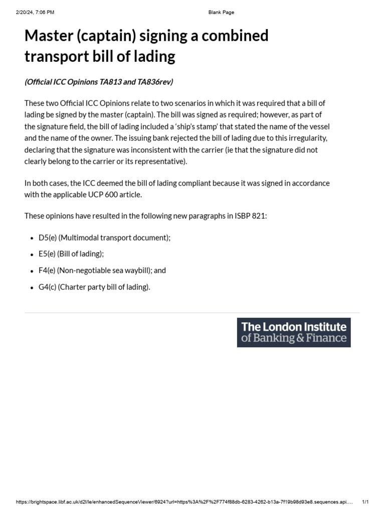 1.1.7 Master (Captain) Signing A Combined Transport Bill of Lading | PDF
