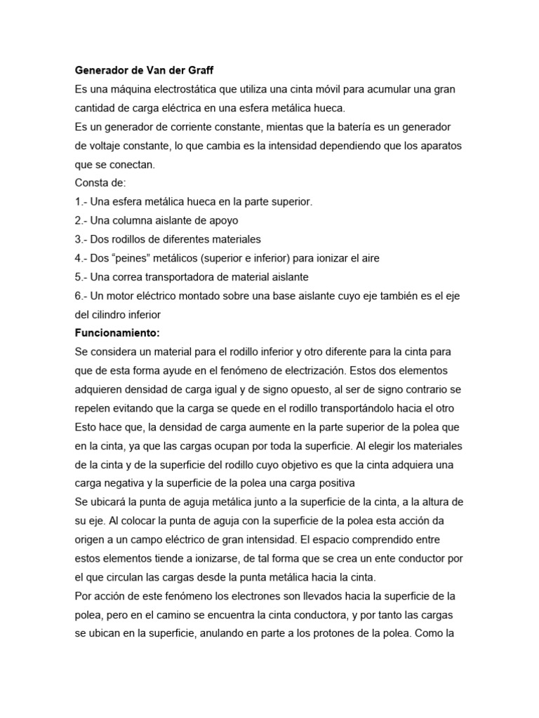 Generador de Van Der Graff | PDF | Corriente eléctrica | Electricidad