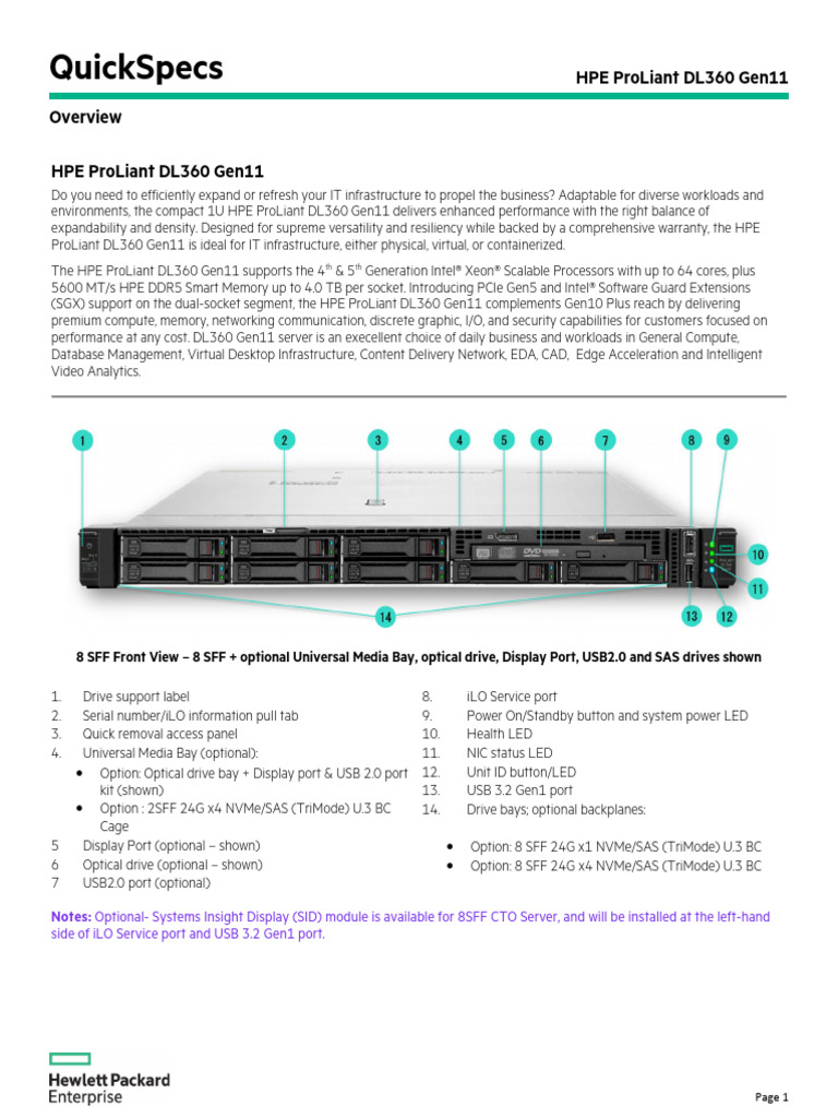 HPE ProLiant DL360 Gen11 Quickspecs | PDF | Solid State Drive ...