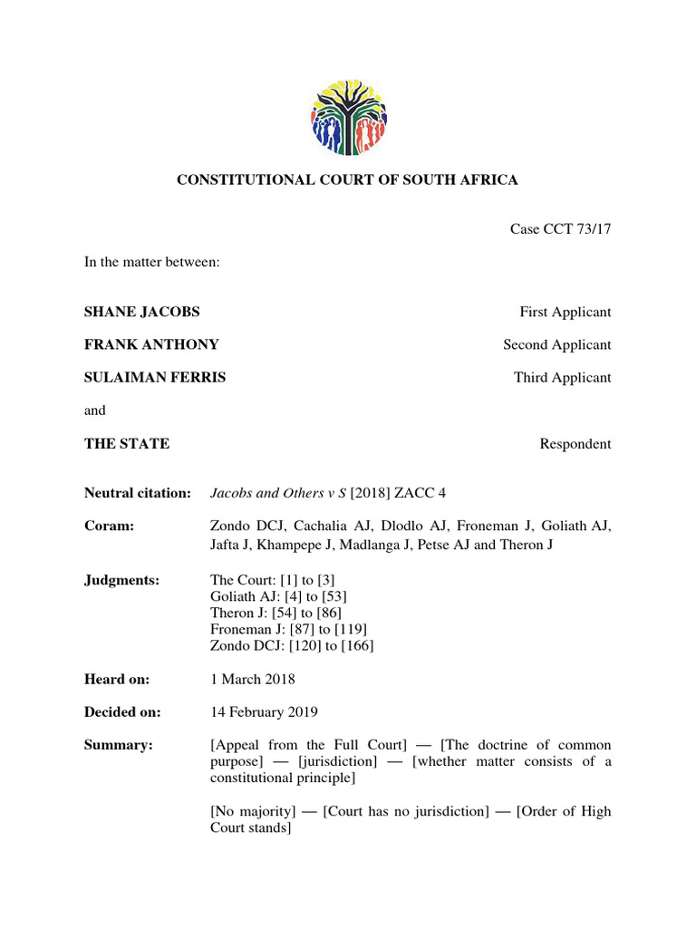 Constitutional Court of South Africa Jacobs and Others V S (2018) ZACC