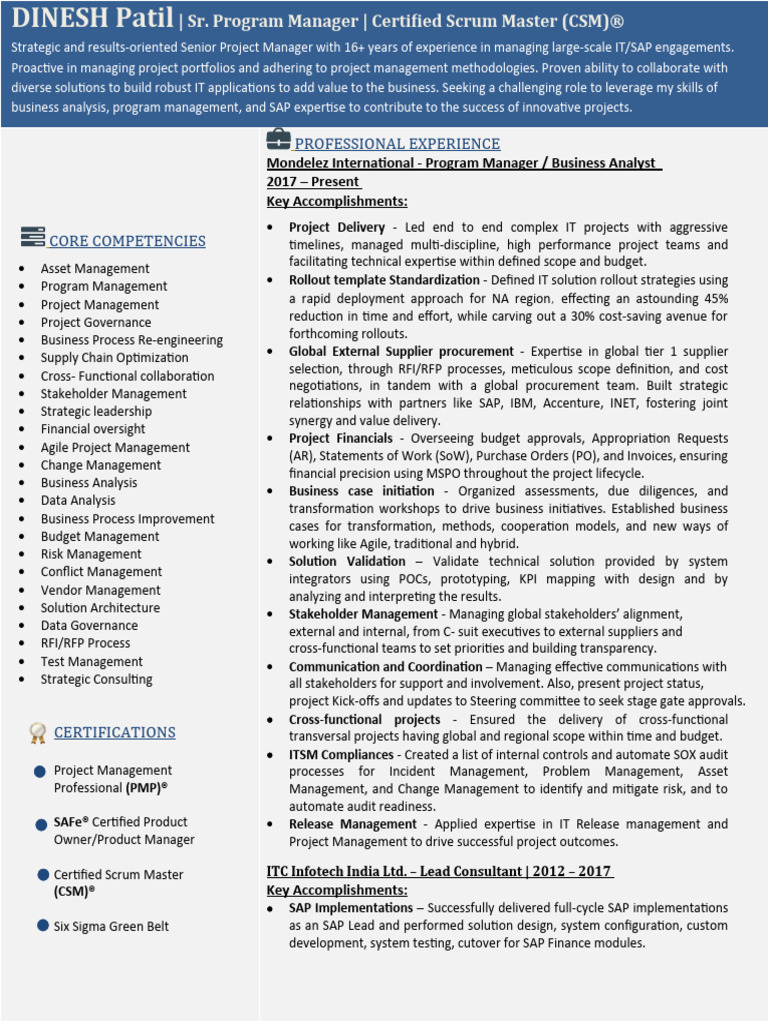 Dinesh Jagtap PMP - SR - Program Manager - LUX | PDF | Project ...