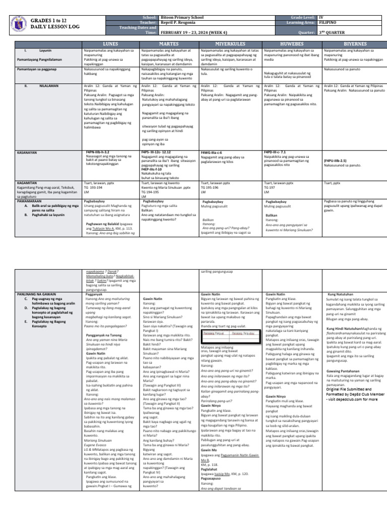 DLL - Filipino 4 - Q3 - W4 | PDF