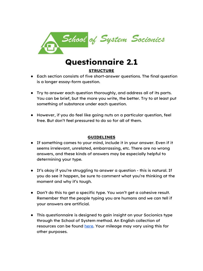 SSS Typing Questionnaire | PDF | Thought | Experience