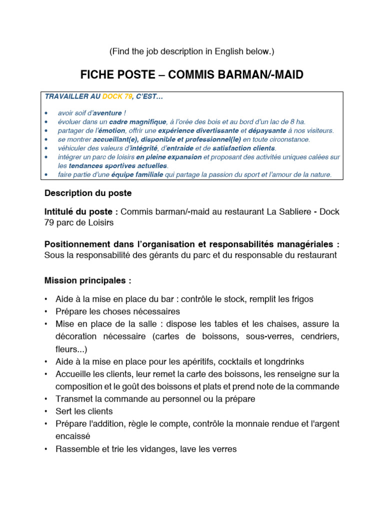 Fiche de poste : Commis Barman | PDF | Alcool | Loisir