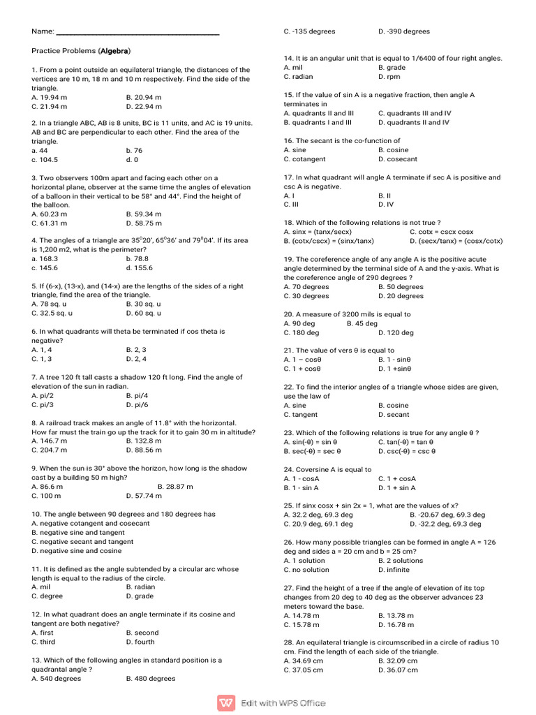 Practice Problems Trigonometry | PDF | Trigonometric Functions | Angle