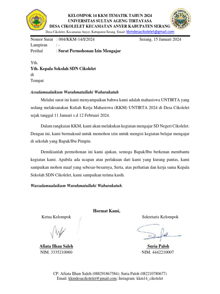 Surat Izin Mengajar KKM UNTIRTA 2024 | PDF