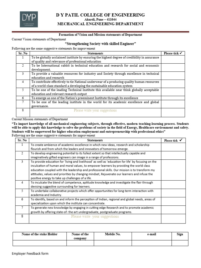 Vision and Mission of Mechanical Engineering Department | PDF ...