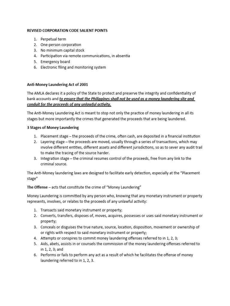 Anti-Money Laundering Law Notes | PDF | Money Laundering | Asset Forfeiture