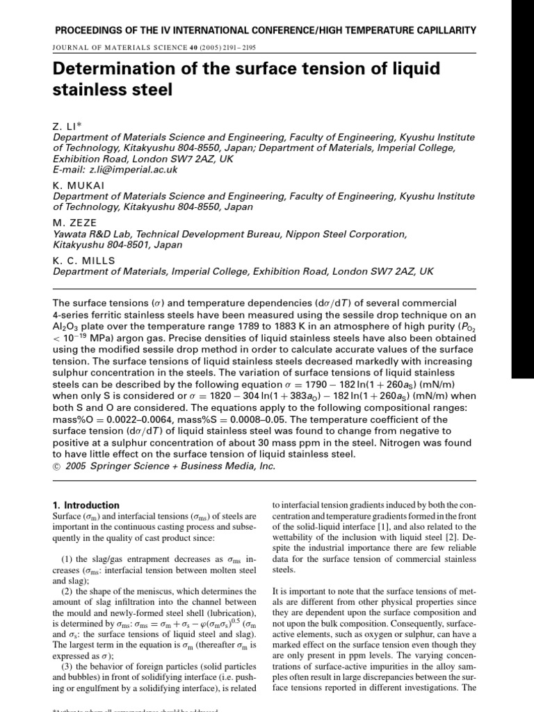 Surface Tension of Liquid Stainless Steel | PDF | Surface Tension | Density