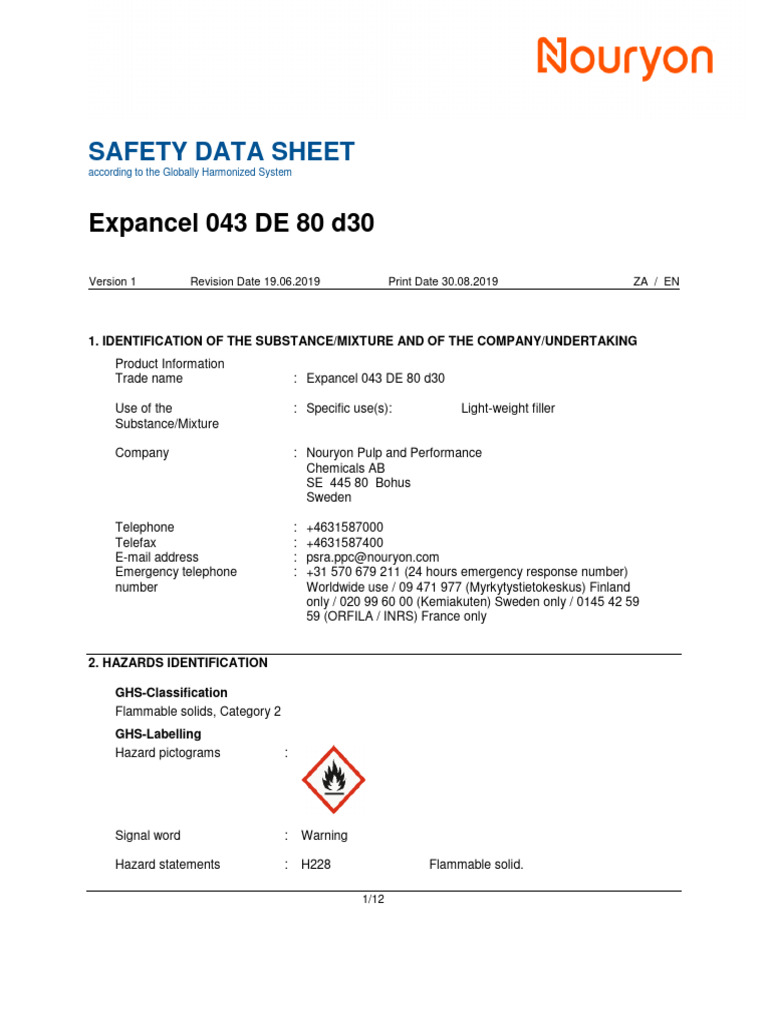 Expancel 043 DE 80 d30 Safety Data Sheet | PDF | Dangerous Goods ...