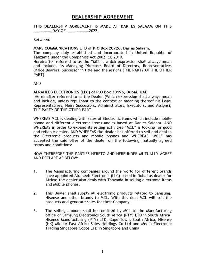 Dealership Agreement for Electronics Sales | PDF | Business | Justice