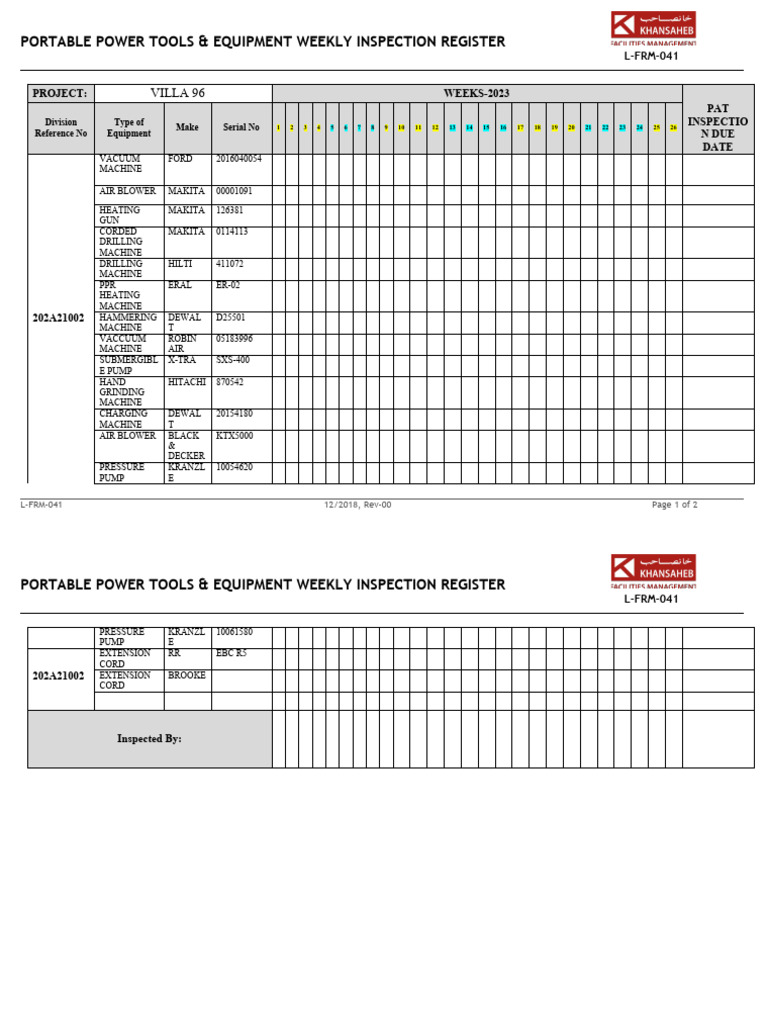 L-FRM-041 Portable Power Tools and Equipment Weekly Inspection Register ...