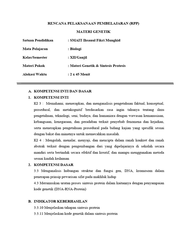 RPP Genetik untuk Kelas XII Biologi | PDF