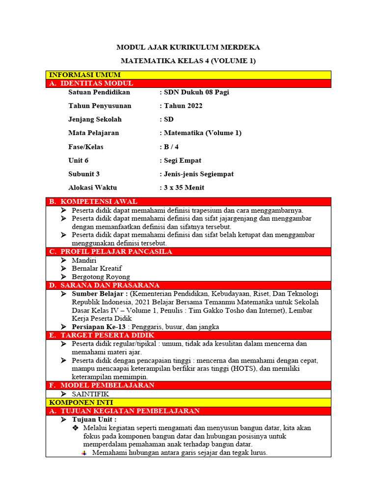 Modul Ajar Matematika Kelas 4 SD | PDF