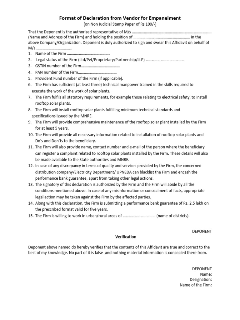 Vendor Declaration for UPNEDA Empanelment | PDF | Affidavit | Justice