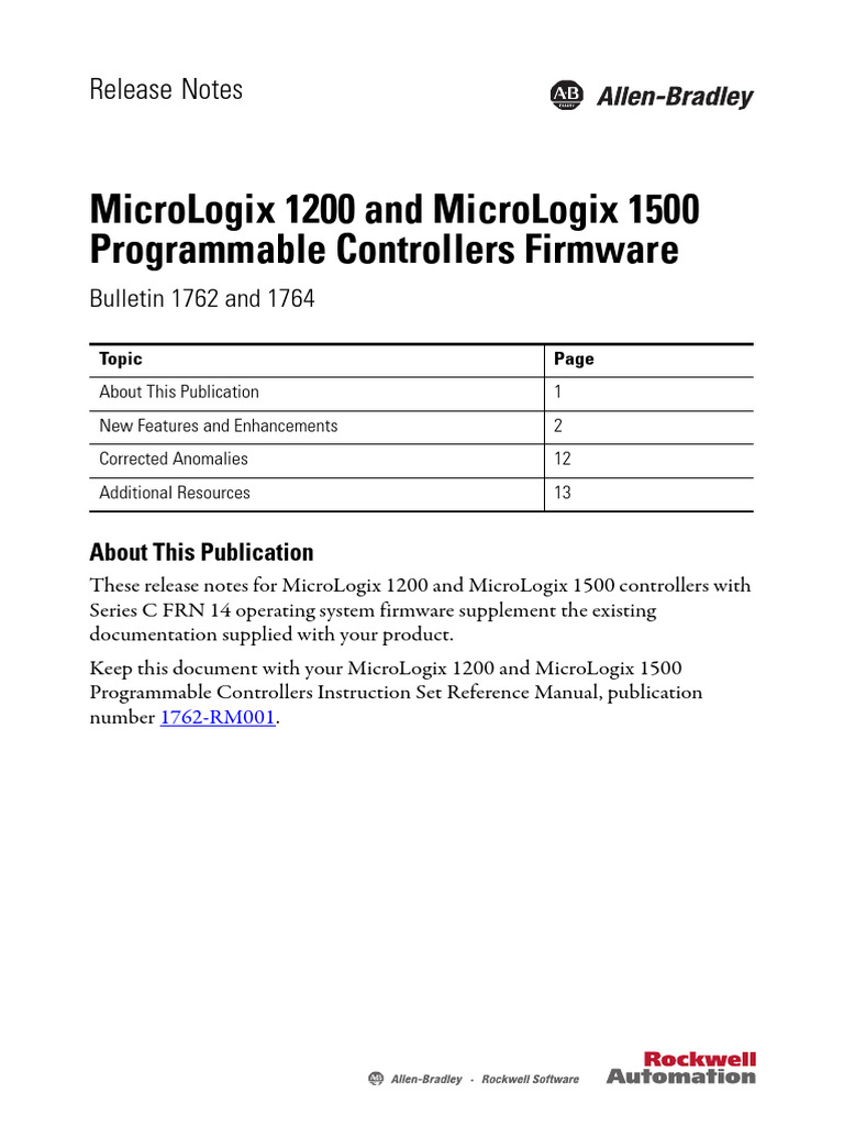 Micrologix 1200 and Micrologix 1500 Programmable Controllers Firmware