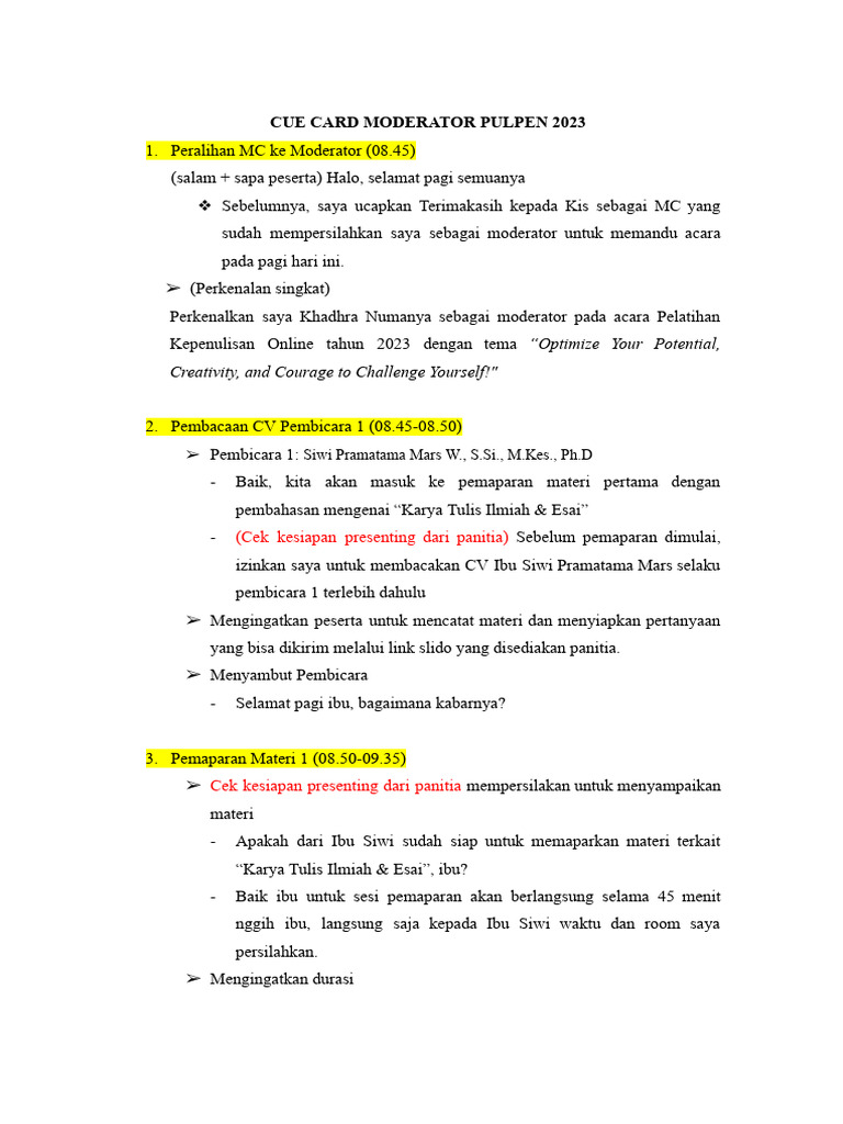 Cue Card Moderator PULPEN 2023 | PDF | Karier & Perkembangan | Seni ...