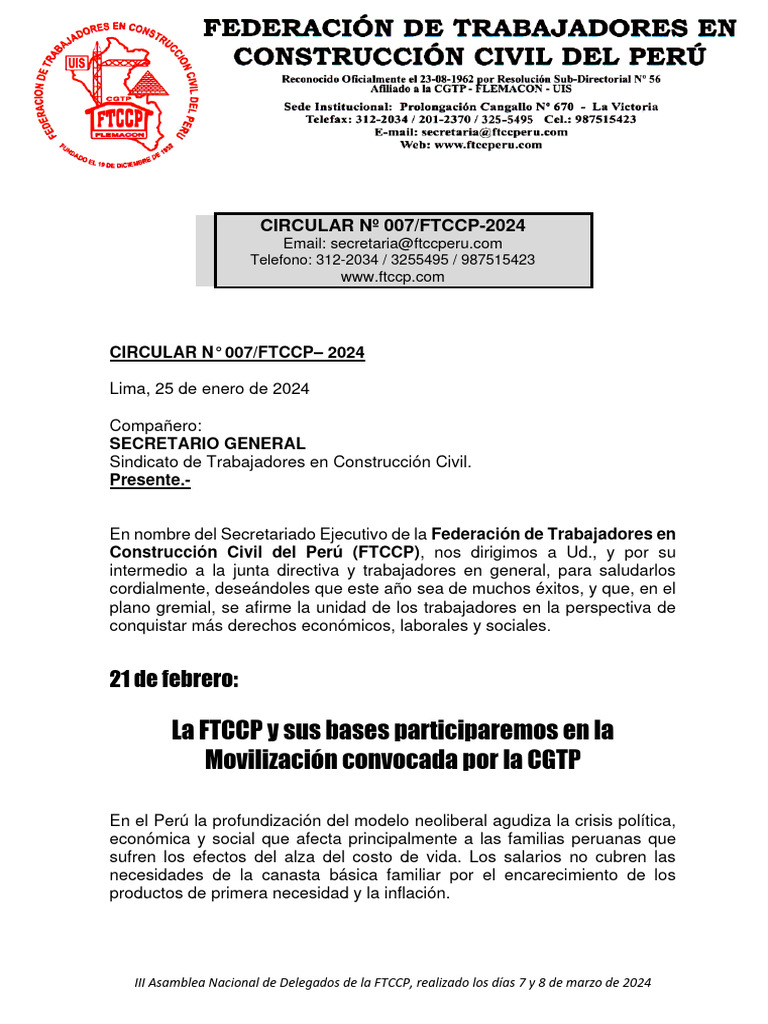 Circular #007 - 2024 - FTCCP | PDF | Perú | Costo de la vida