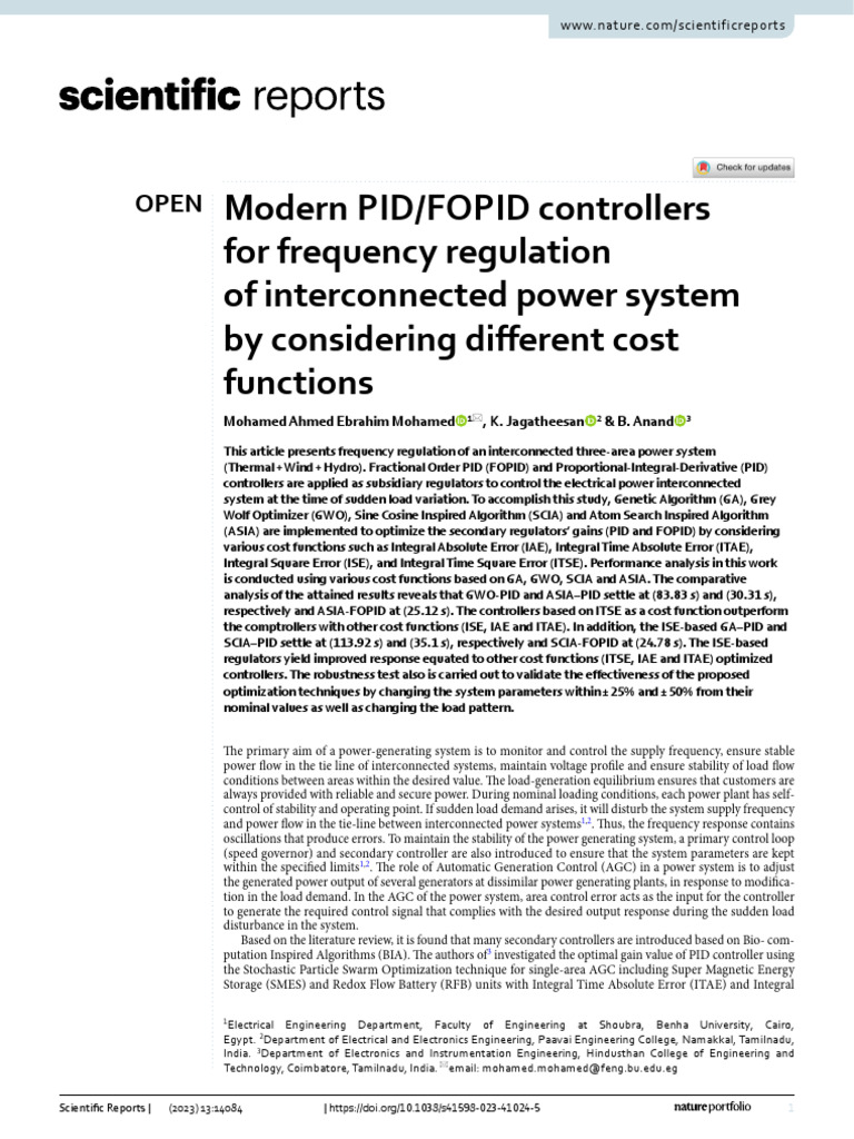 Modern PID/FOPID Controllers For Frequency Regulation of Interconnected ...