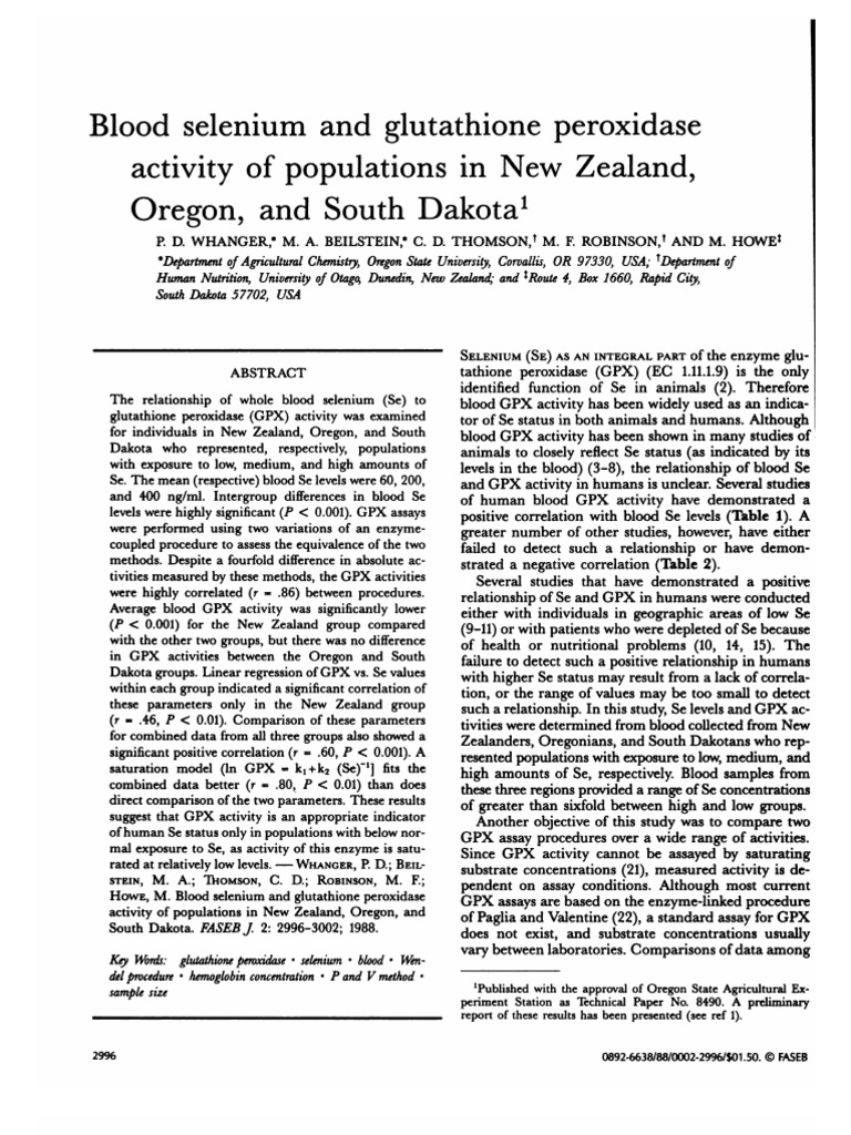 Blood Selenium and Glutathione Peroxidase Activity of Populations in ...