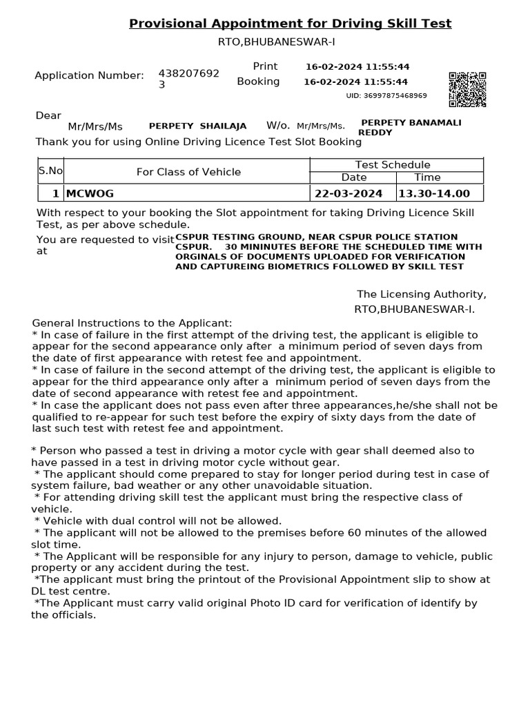 Provisional Appointment For Driving Skill Test 1 Mcwog 22032024 13.