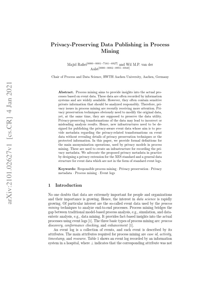 Privacy-Preserving Techniques in Process Mining | PDF | Privacy | Metadata