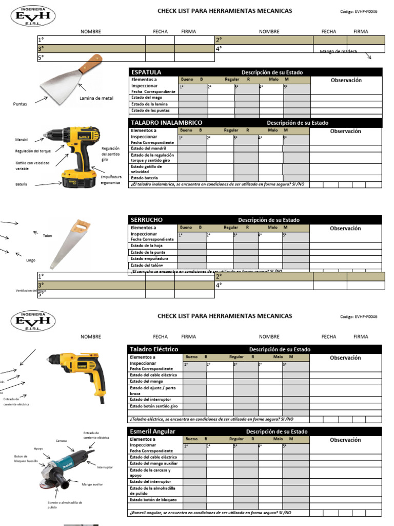 Check list herramientas manuales espatula sierra taladro esmeril