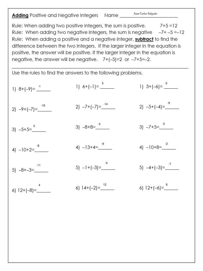 Adding Positive and Negative Integers Guide | PDF | Subtraction ...