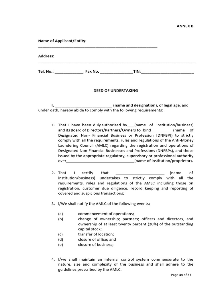 AMLC Compliance Deed of Undertaking | PDF | Money Laundering | Government