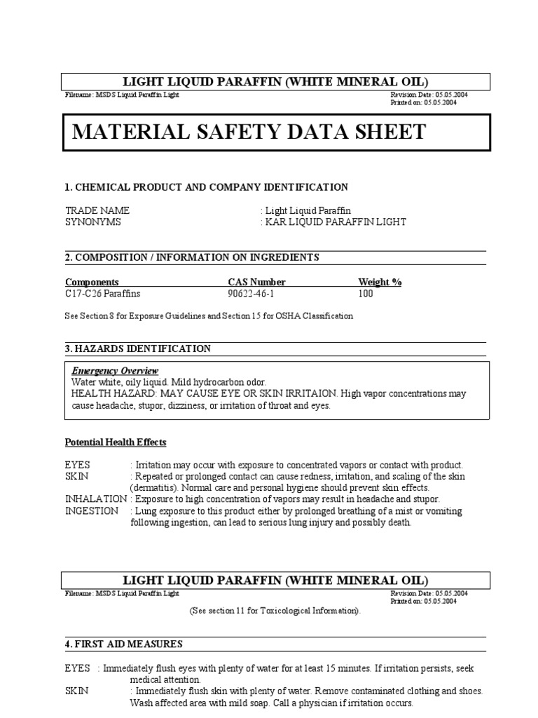 Light Liquid Paraffin Oil MSDS PDF Carbon Chemistry