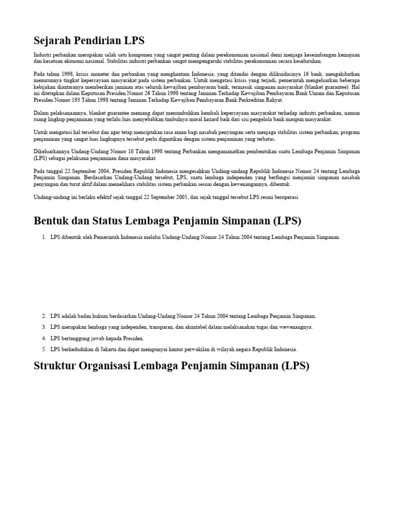 Sejarah dan Fungsi Lembaga Penjamin Simpanan | PDF