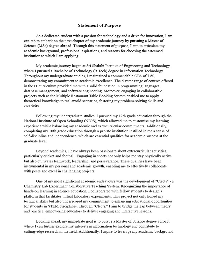 Statement of Purpose | PDF | Academic Degree | Science