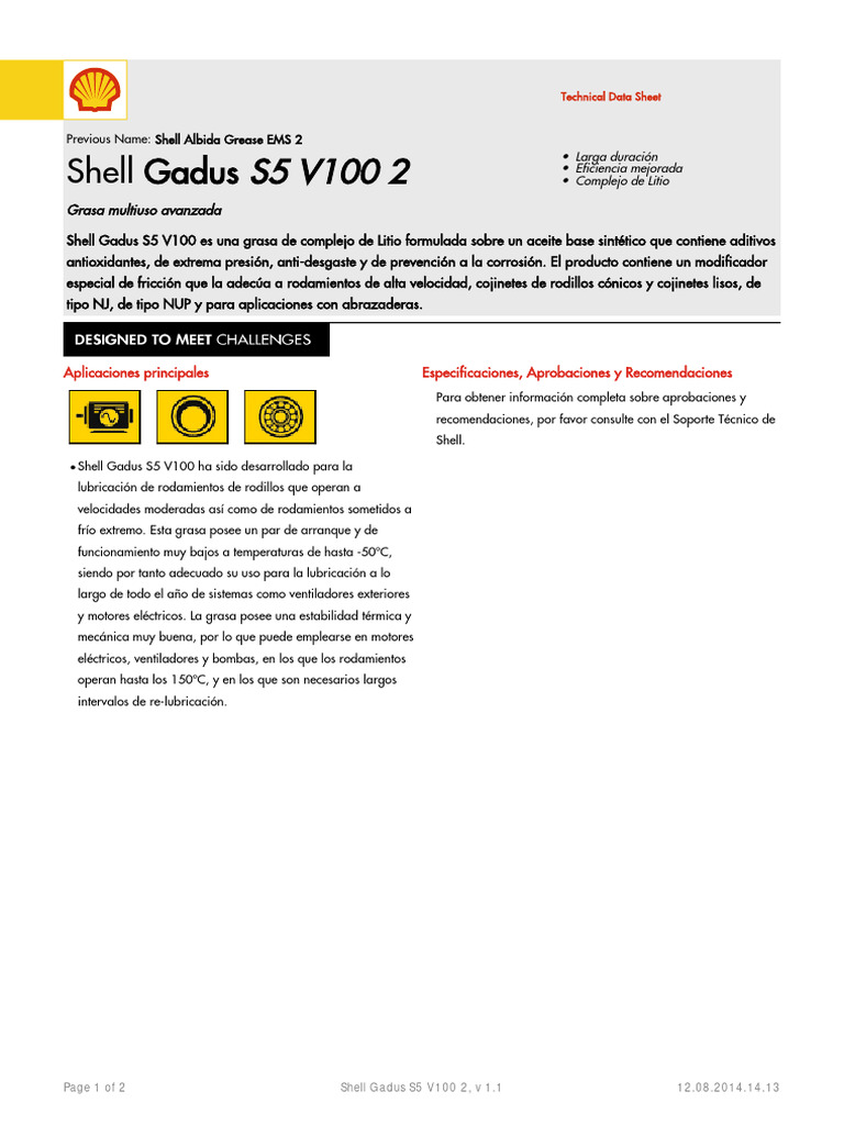 Grasa Shell Gadus S5 V100 2 | PDF | Rodamiento (Mecánico) | Lubricante