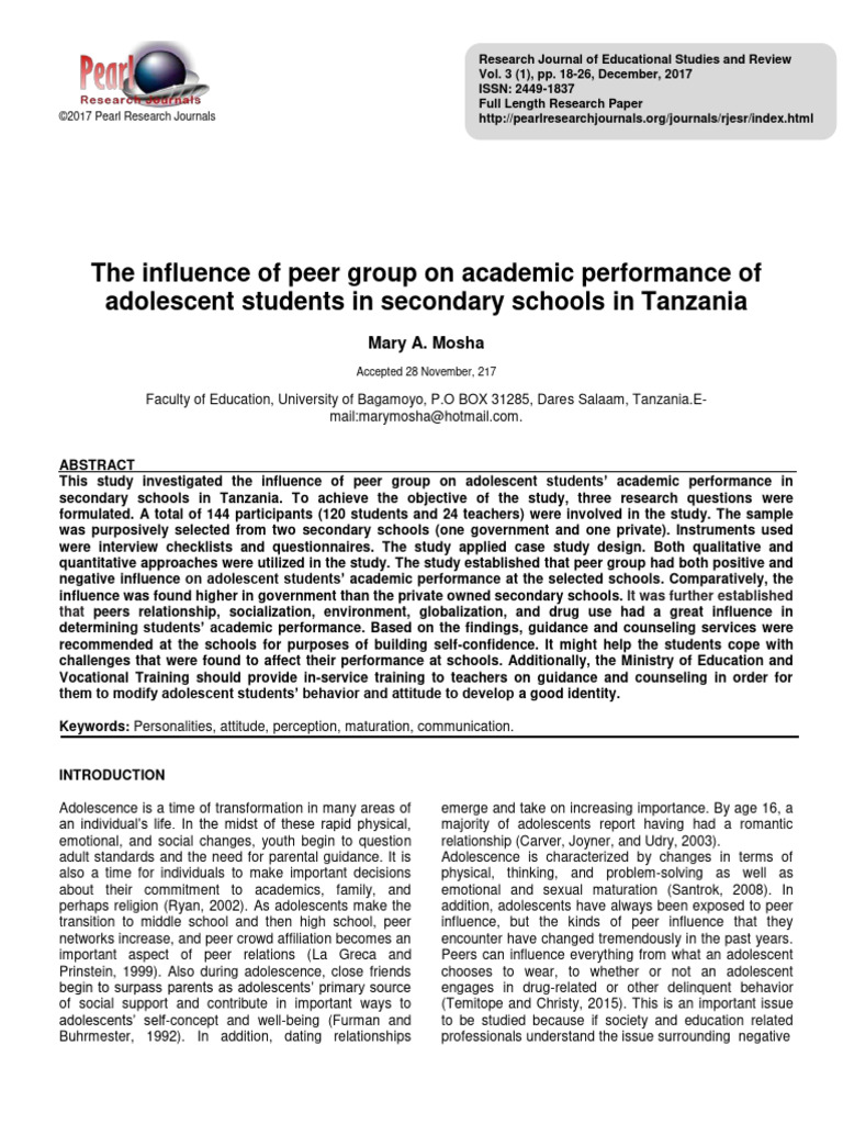 Peer Group Impact on Tanzanian Students | PDF | Adolescence | Socialization