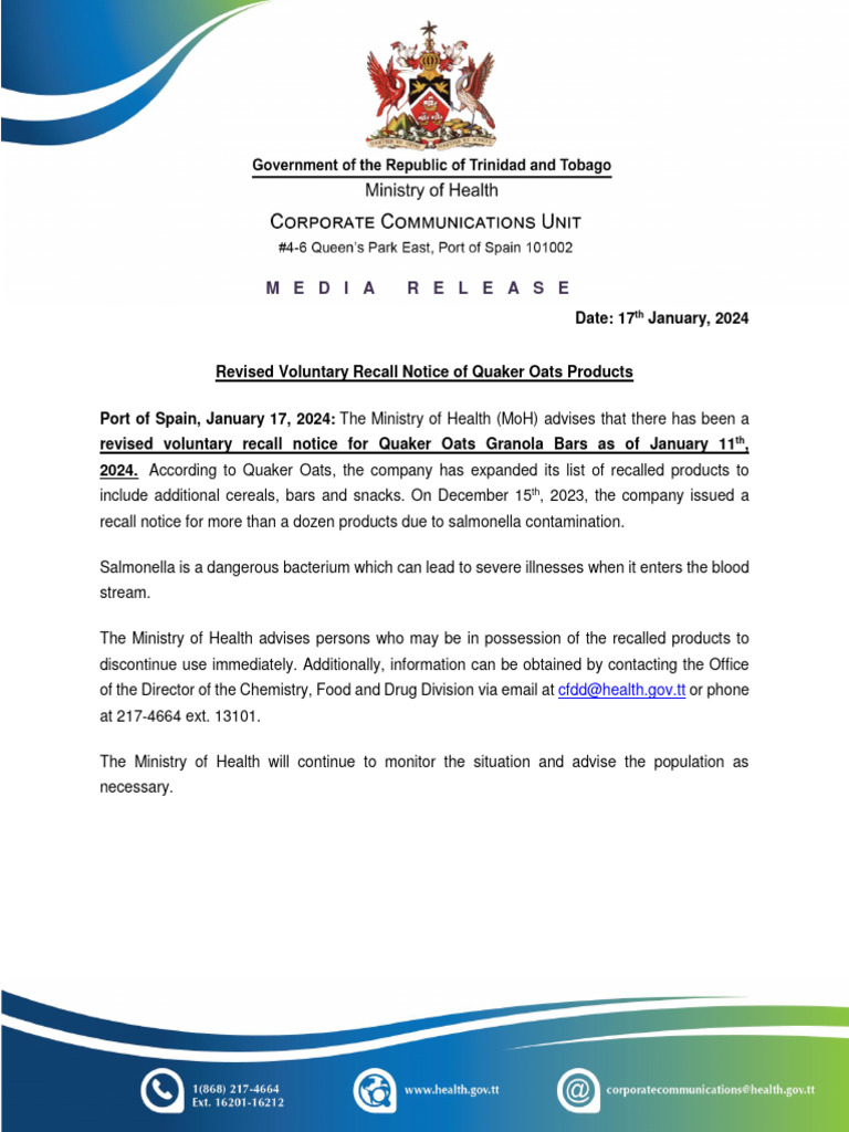 MOH MEDIA RELEASE Revised Voluntary Recall Notice of Quaker Oats