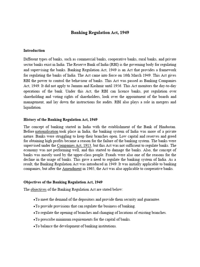 Overview of Banking Regulation Act, 1949 | PDF | Banks | Reserve Bank ...