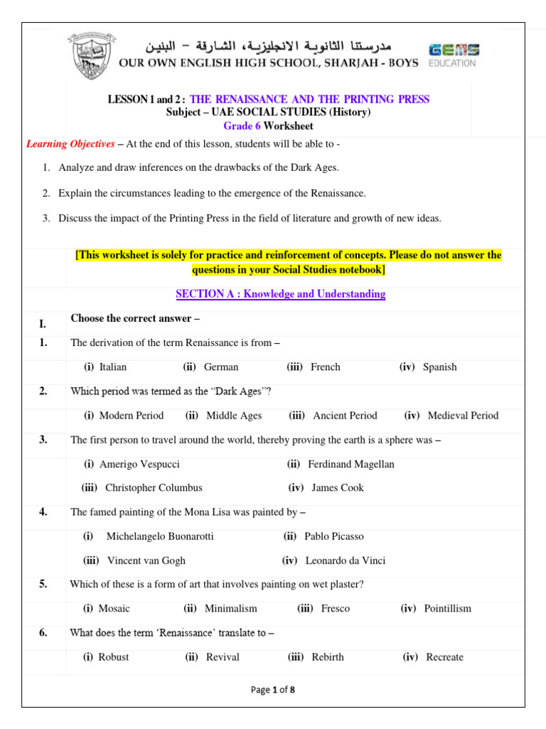 Lesson 1 and 2 Renaissance and The Printing Press Worksheet PDF Oceans Overfishing